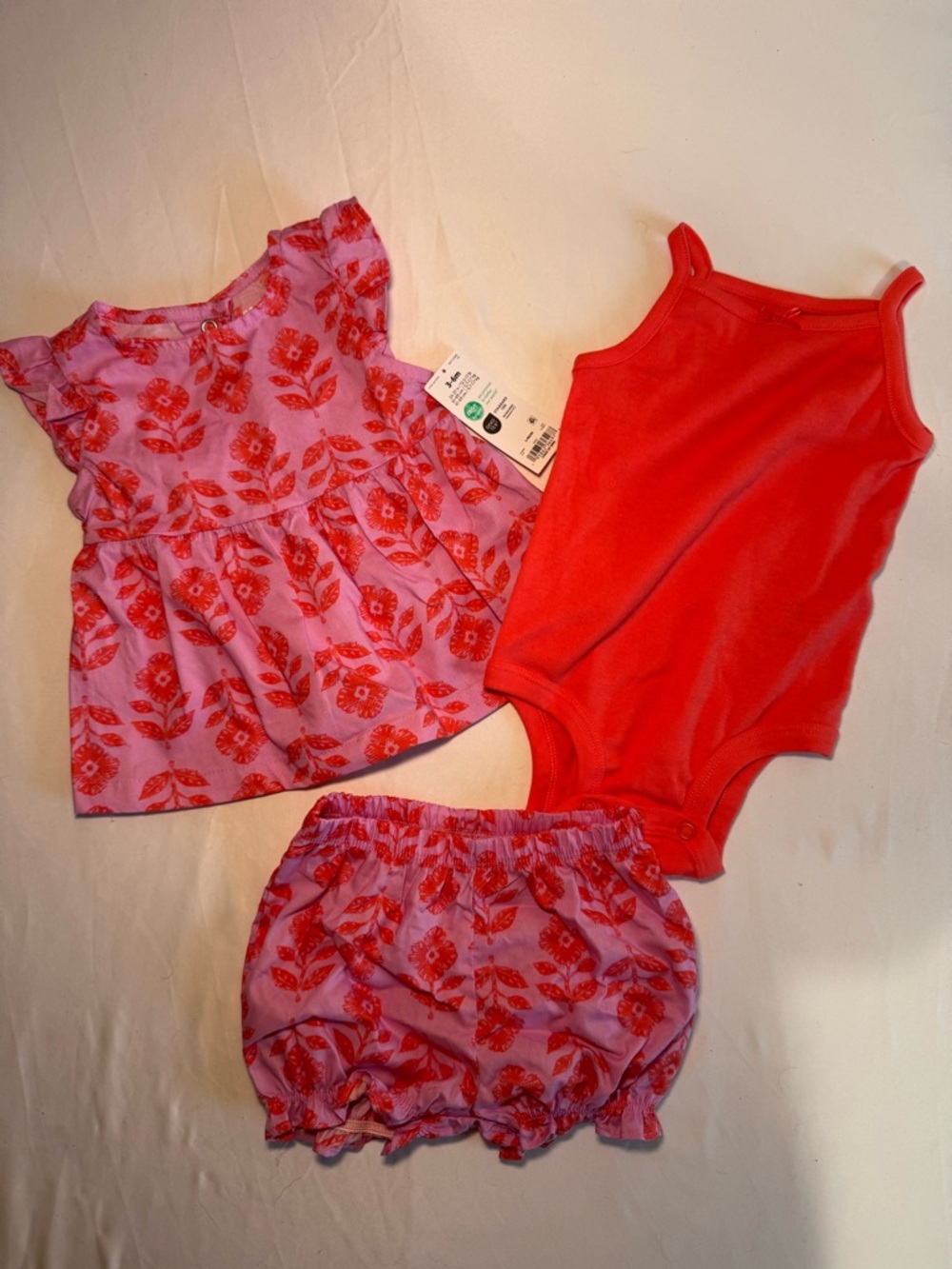 Baby Girls Red & Pink Floral 3-Piece Outfit Set